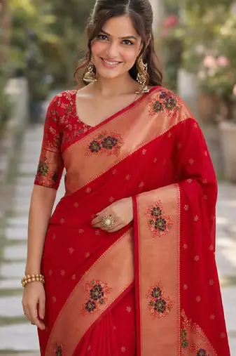 Red soft silk banarasi jacuard work designer party wear saree with unstitched blouse piece