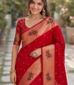 Red silk blend banarasi saree with unstitched blouse piece