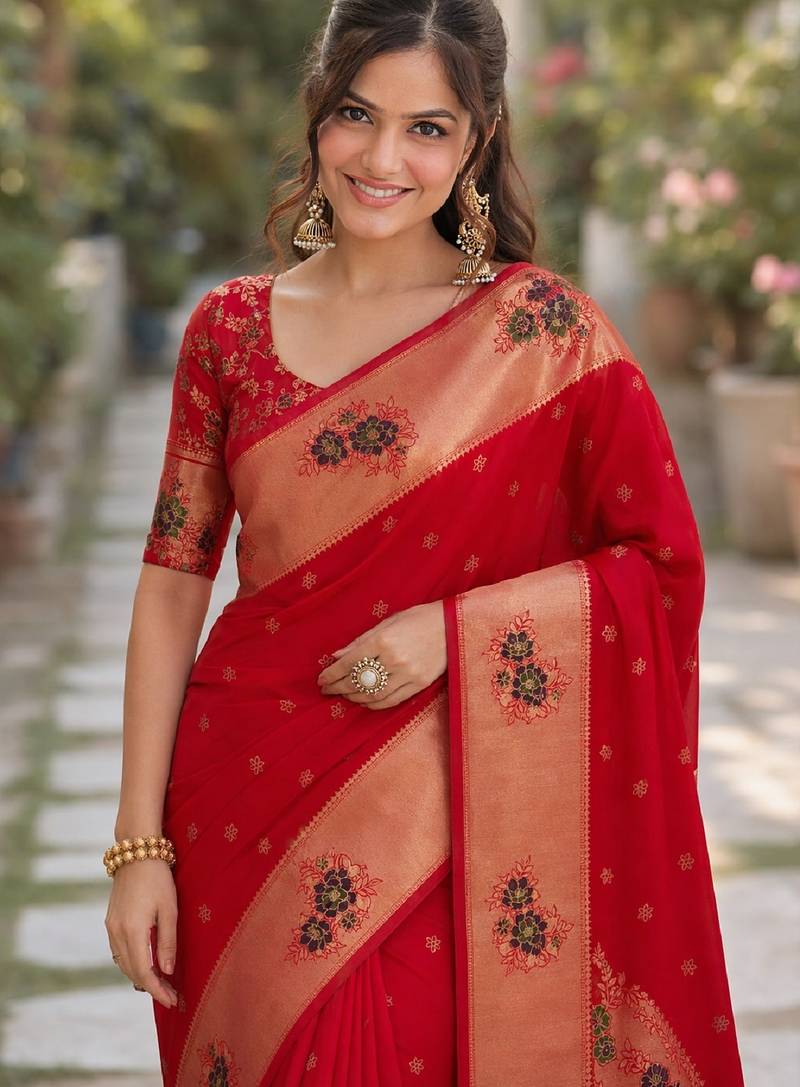 Red soft silk banarasi jacuard work designer party wear saree with unstitched blouse piece