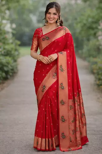 Red silk blend banarasi saree with unstitched blouse piece