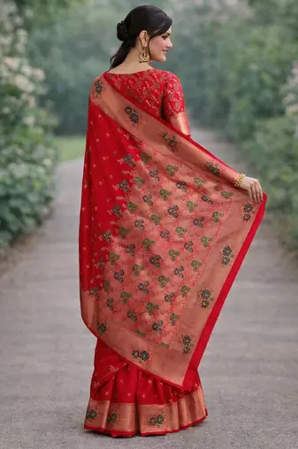 Red silk blend banarasi saree with unstitched blouse piece