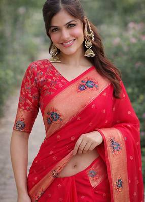 Pink silk blend banarasi saree with unstitched blouse piece 1