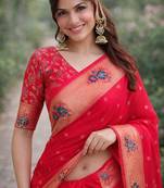 Pink silk blend banarasi saree with unstitched blouse piece