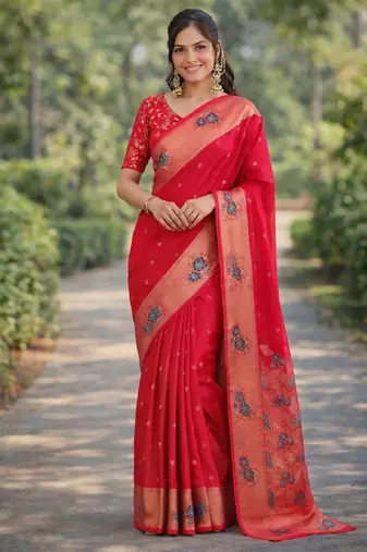 Pink silk blend banarasi saree with unstitched blouse piece