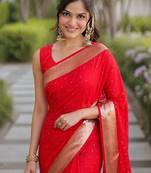 Red silk blend banarasi saree with unstitched blouse piece