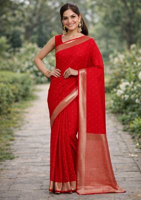 Red silk blend banarasi saree with unstitched blouse piece 3