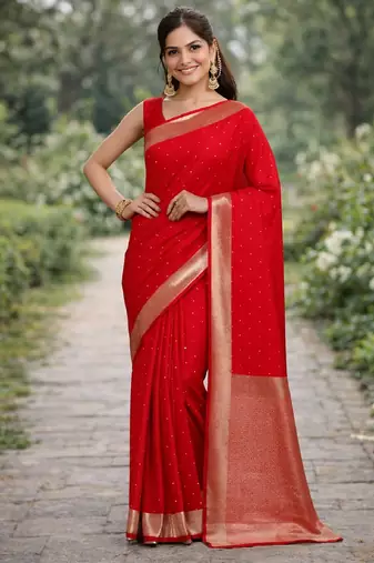 Red silk blend banarasi saree with unstitched blouse piece