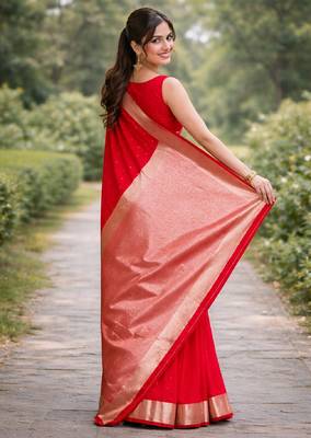 Red silk blend banarasi saree with unstitched blouse piece 4