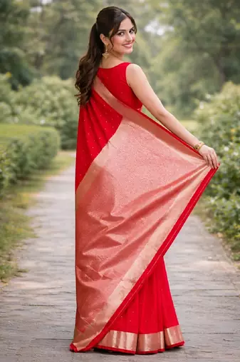 Red silk blend banarasi saree with unstitched blouse piece