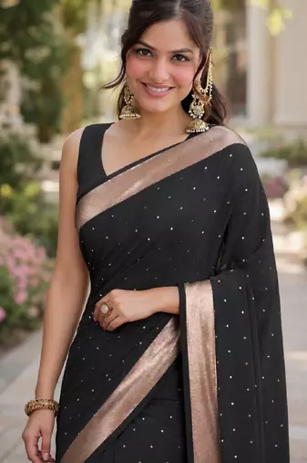 Black soft silk banarasi jacuard work designer party wear saree with unstitched blouse piece