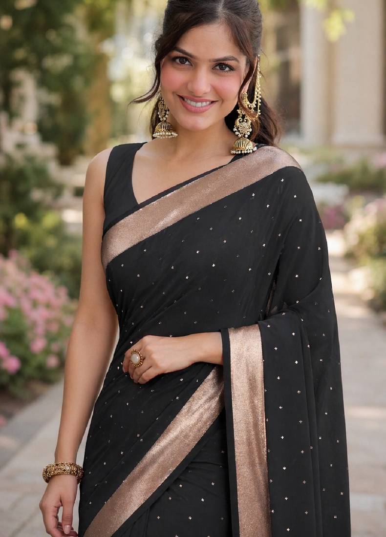 Black soft silk banarasi jacuard work designer party wear saree with unstitched blouse piece