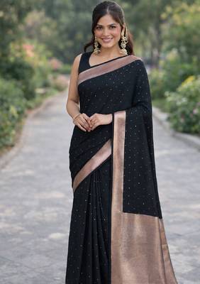 Black silk blend banarasi saree with unstitched blouse piece 3
