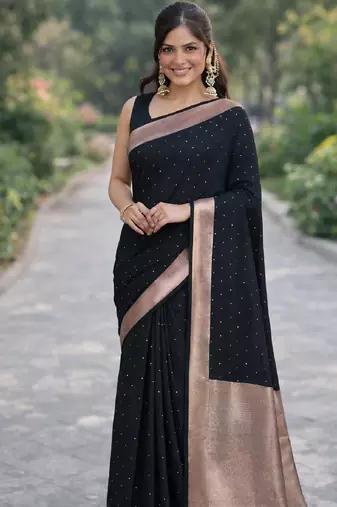 Black silk blend banarasi saree with unstitched blouse piece