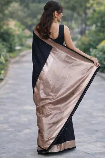 Black silk blend banarasi saree with unstitched blouse piece