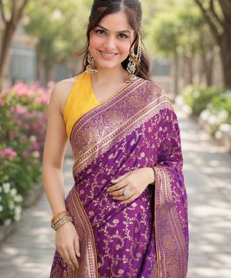 Wine silk blend banarasi saree with unstitched blouse piece 1