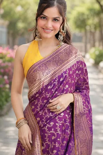 Wine soft silk banarasi jacuard work designer party wear saree with unstitched blouse piece