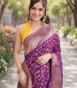 Wine silk blend banarasi saree with unstitched blouse piece