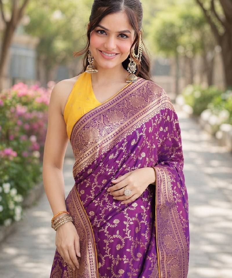 Wine soft silk banarasi jacuard work designer party wear saree with unstitched blouse piece