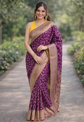 Wine silk blend banarasi saree with unstitched blouse piece 3
