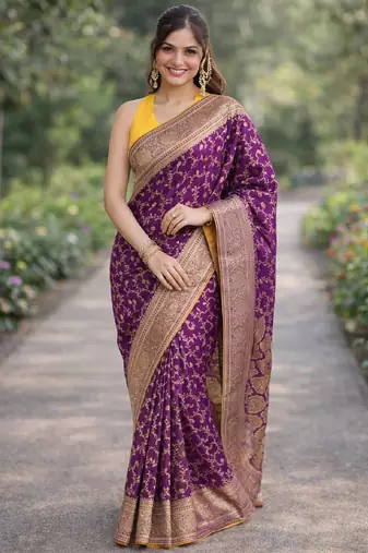 Wine silk blend banarasi saree with unstitched blouse piece
