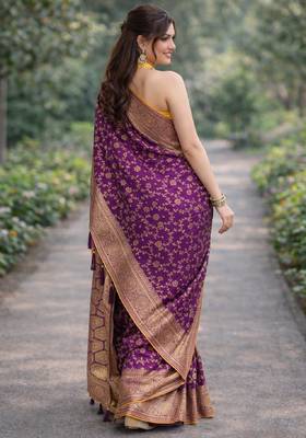Wine silk blend banarasi saree with unstitched blouse piece 4