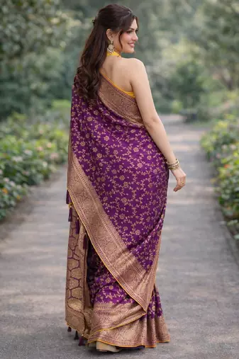 Wine silk blend banarasi saree with unstitched blouse piece