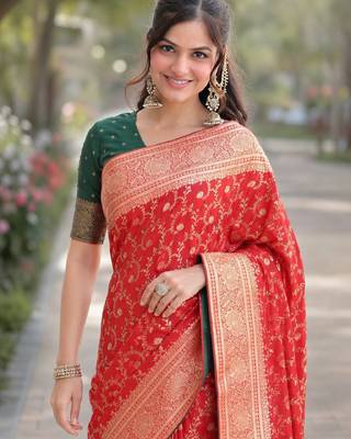 Red silk blend banarasi saree with unstitched blouse piece 1