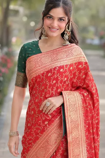 Red soft silk banarasi jacuard work designer party wear saree with unstitched blouse piece