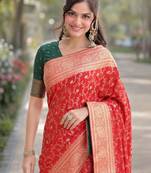 Red silk blend banarasi saree with unstitched blouse piece