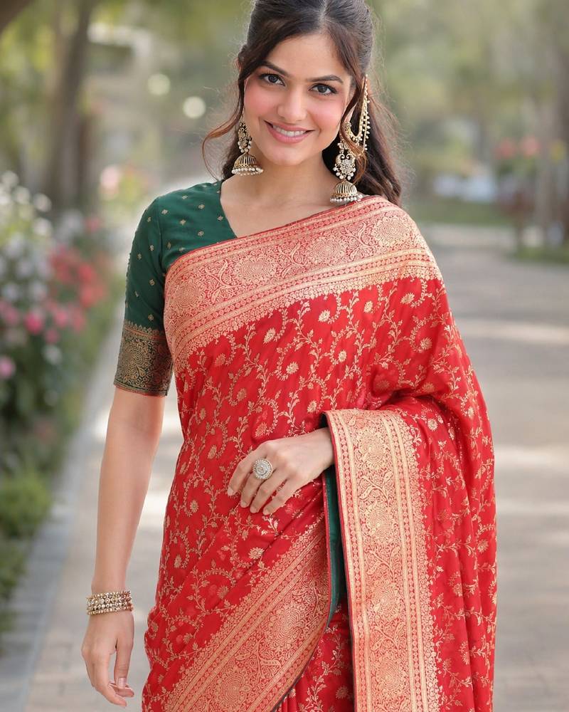 Red soft silk banarasi jacuard work designer party wear saree with unstitched blouse piece