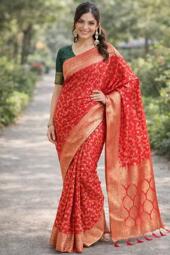 Red silk blend banarasi saree with unstitched blouse piece