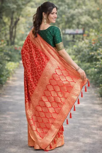 Red silk blend banarasi saree with unstitched blouse piece