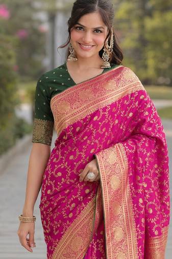 Pink soft silk banarasi jacuard work designer party wear saree with unstitched blouse piece