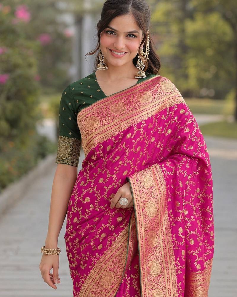 Pink soft silk banarasi jacuard work designer party wear saree with unstitched blouse piece