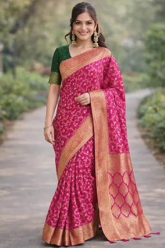 Pink silk blend banarasi saree with unstitched blouse piece