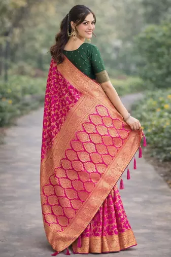 Pink silk blend banarasi saree with unstitched blouse piece