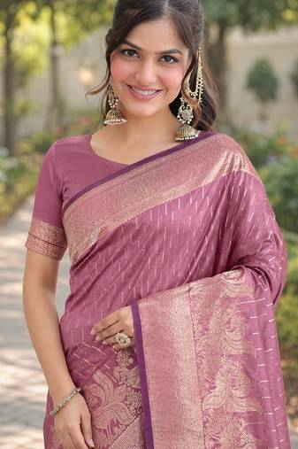 Onion soft silk banarasi jacuard work designer party wear saree with unstitched blouse piece