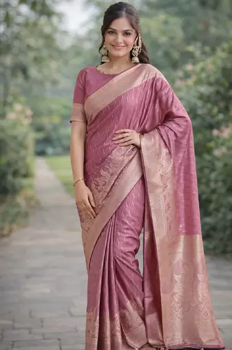 Onion silk blend banarasi saree with unstitched blouse piece
