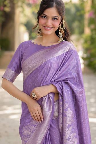 Lavender soft silk blend banarasi jacuard work designer party wear saree with unstitched blouse piece
