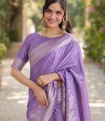 Lavender silk blend banarasi saree with unstitched blouse piece