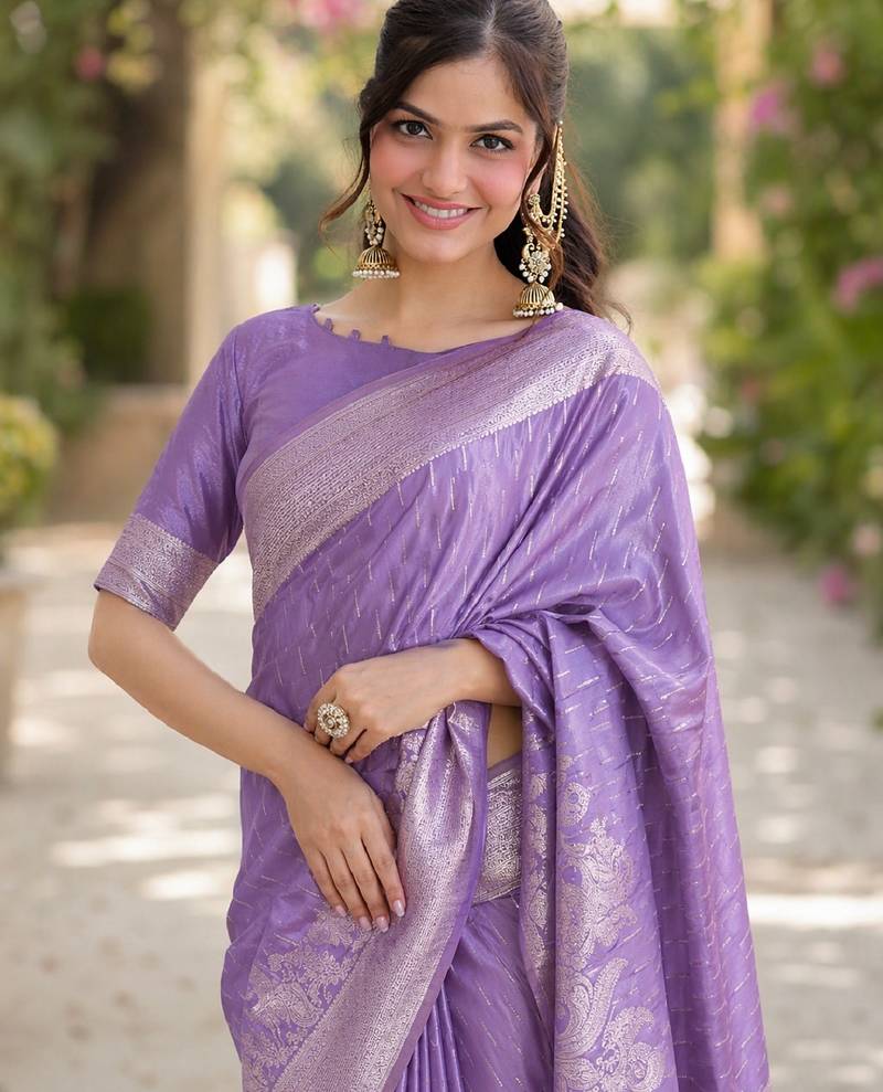 Lavender soft silk banarasi jacuard work designer party wear saree with unstitched blouse piece