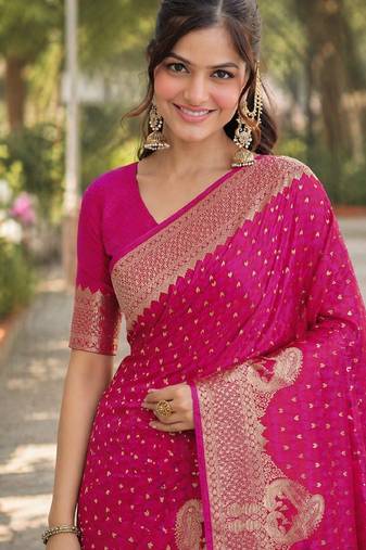 Pink soft silk banarasi jacuard work designer party wear saree with unstitched blouse piece