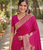 Pink silk blend banarasi saree with unstitched blouse piece