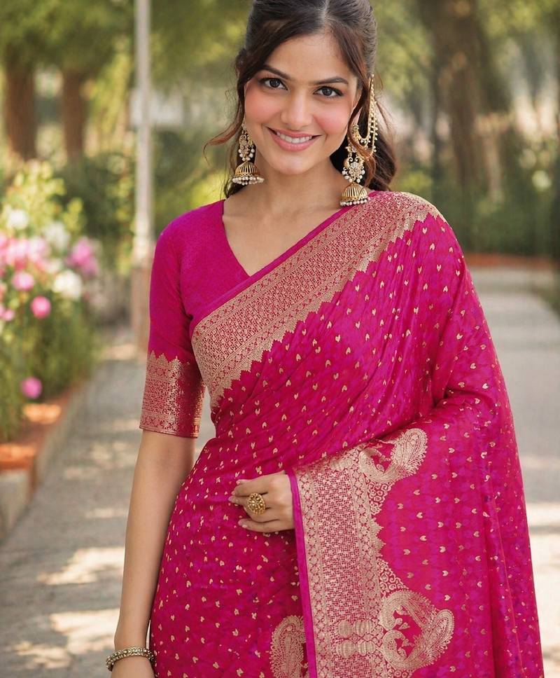 Pink soft silk banarasi jacuard work designer party wear saree with unstitched blouse piece