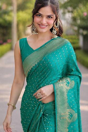 Teal green soft silk banarasi jacuard work designer party wear saree with unstitched blouse piece