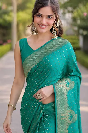 Teal green soft silk banarasi jacuard work designer party wear saree with unstitched blouse piece