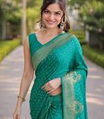 Teal green silk blend banarasi saree with unstitched blouse piece