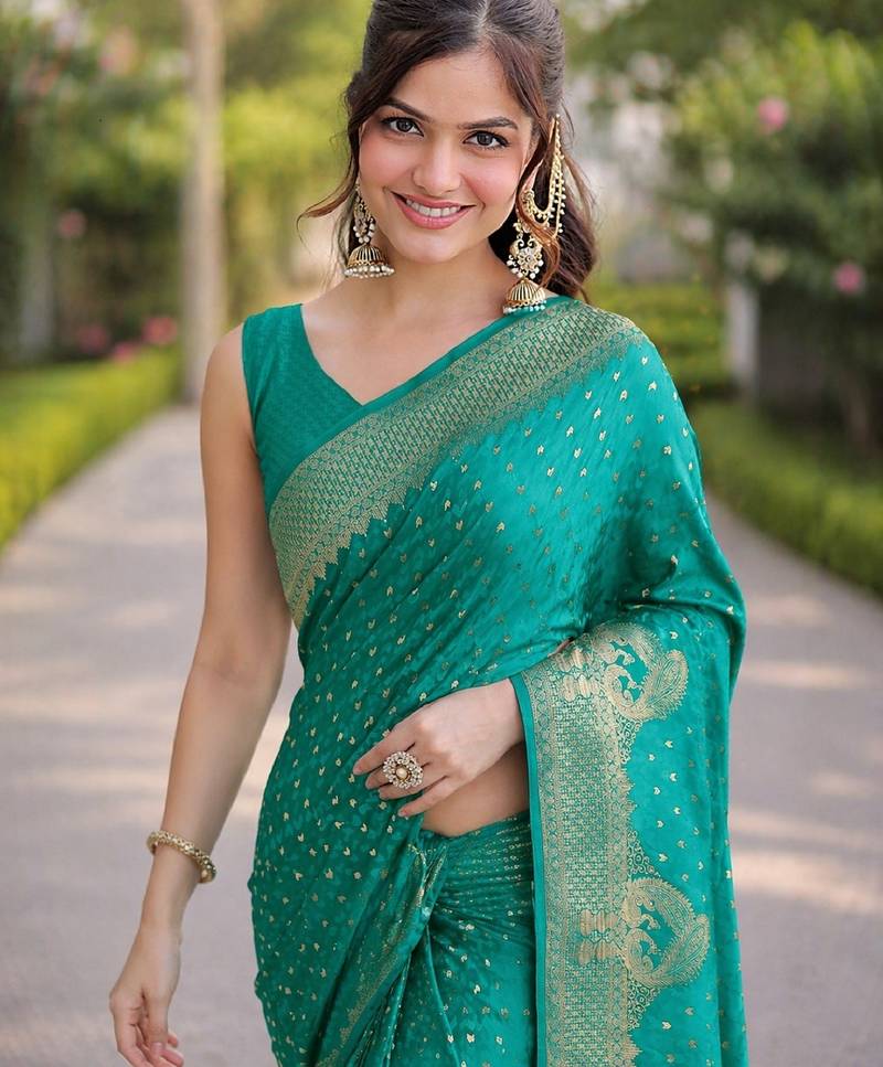 Teal green soft silk banarasi jacuard work designer party wear saree with unstitched blouse piece