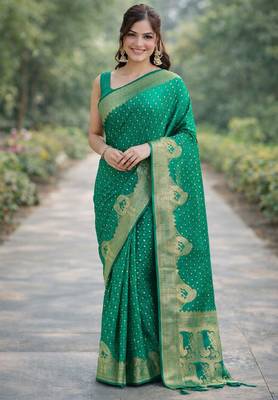 Teal green silk blend banarasi saree with unstitched blouse piece 3