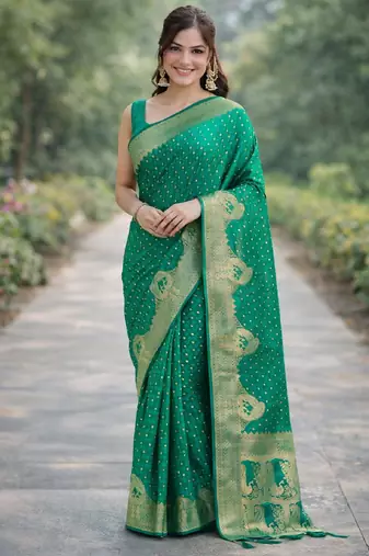 Teal green silk blend banarasi saree with unstitched blouse piece